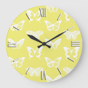 Butterfly sketch, mustard gold and white large clock