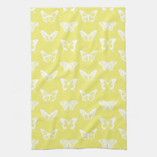 Butterfly sketch, mustard gold and white tea towel