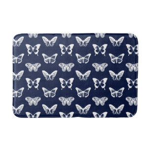 Butterfly sketch, navy blue and white bath mat