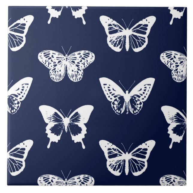 Butterfly sketch, navy blue and white tile (Front)