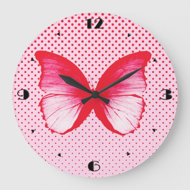 Butterfly sketch, rose red large clock (Front)