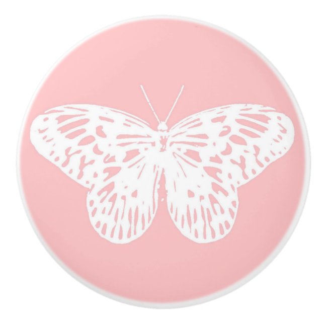 Butterfly sketch, shell pink and white ceramic knob (Front)