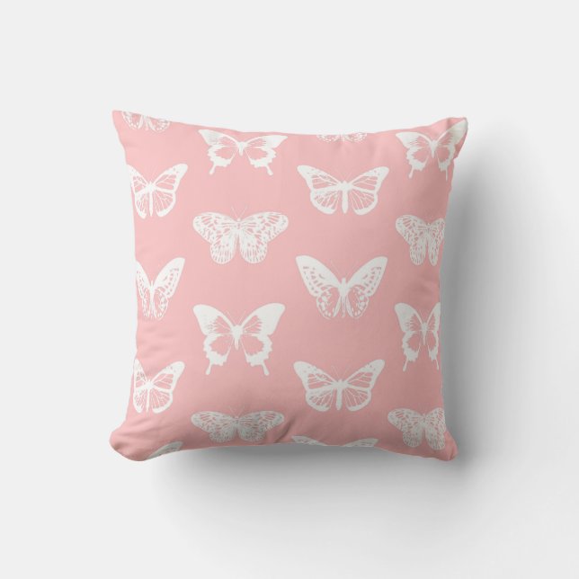 Butterfly sketch, shell pink and white cushion (Front)
