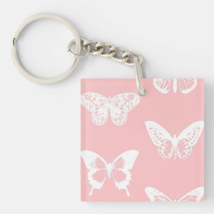 Butterfly sketch, shell pink and white key ring
