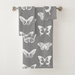 Butterfly sketch, silver grey and white bath towel set