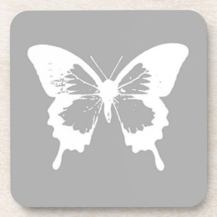 Butterfly sketch, silver grey and white coaster