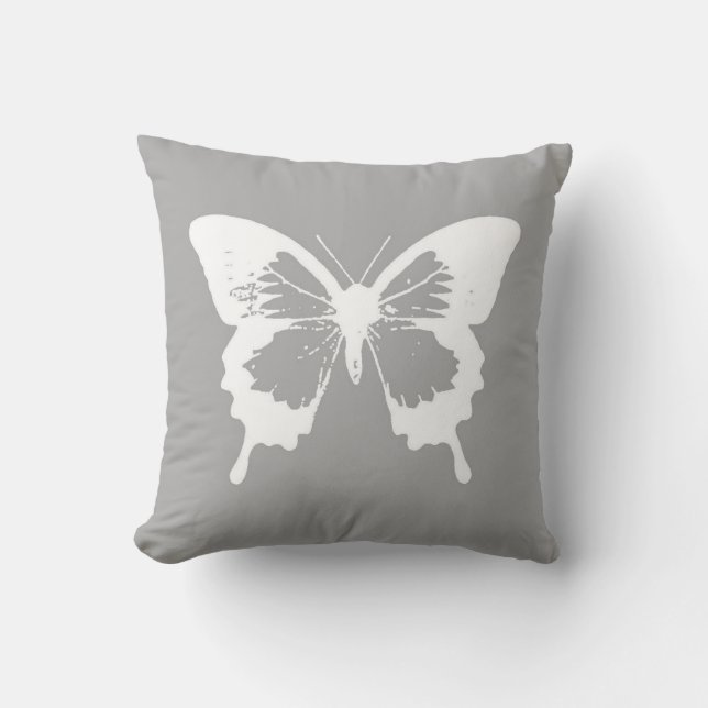 Butterfly sketch, silver grey and white cushion (Front)