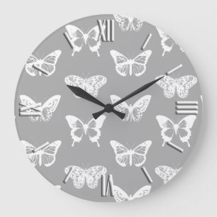 Butterfly sketch, silver grey and white large clock