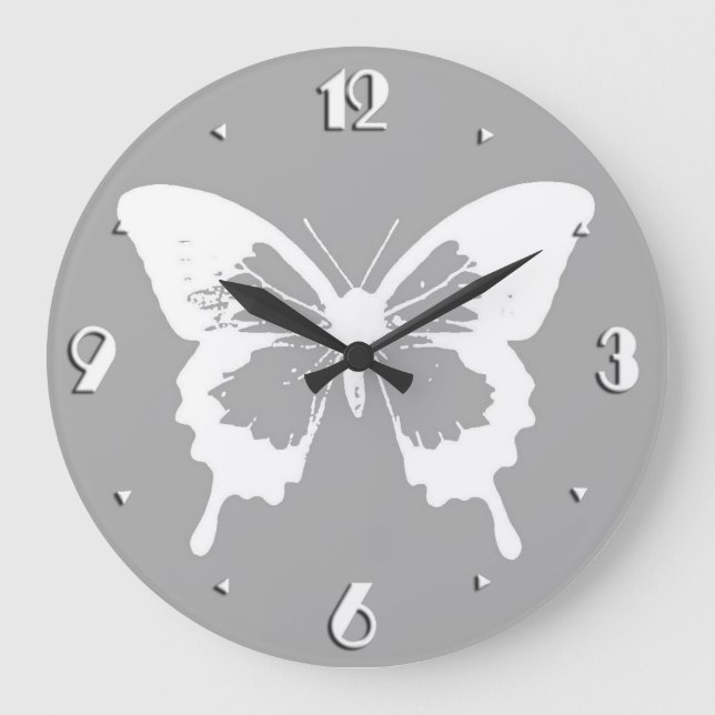 Butterfly sketch, silver grey and white large clock (Front)