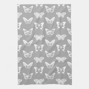 Butterfly sketch, silver grey and white tea towel
