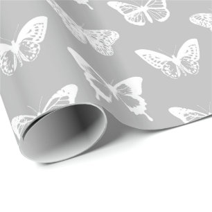 Butterfly sketch, silver grey and white wrapping paper