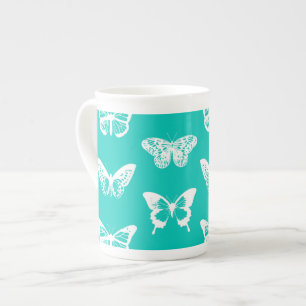 Butterfly sketch, turquoise and white bone china mug