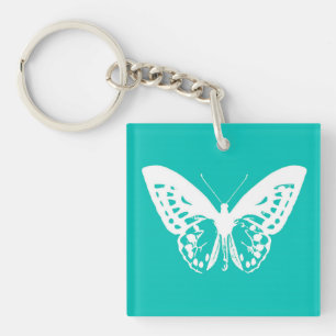 Butterfly sketch, turquoise and white key ring