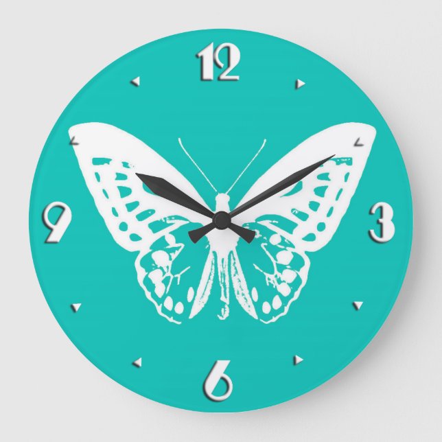 Butterfly sketch, turquoise and white large clock (Front)