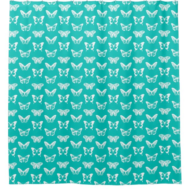 Butterfly sketch, turquoise and white shower curtain (Front)