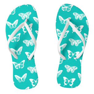 Butterfly sketch, turquoise and white thongs