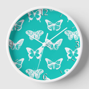 Butterfly sketch, turquoise and white wall clock