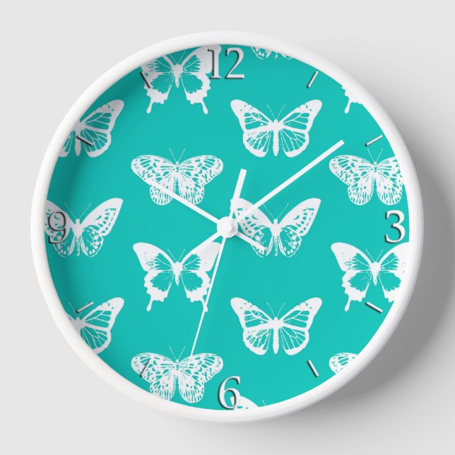 Butterfly sketch, turquoise and white wall clock (Front)
