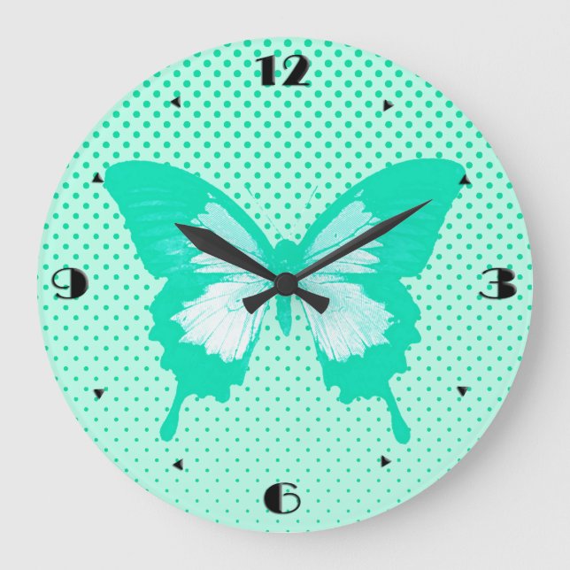 Butterfly sketch, turquoise large clock (Front)