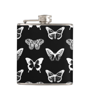 Butterfly sketch, white and black hip flask