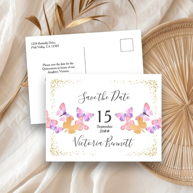 Butterfly Skies Coral Gold Confetti Save the Date Announcement Postcard (Save the Date postcards from my Butterfly Skies Quinceanera collection)