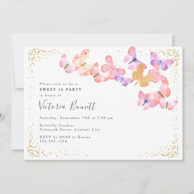 Butterfly Skies Coral Gold Confetti Sweet 16 Invitation (Front)