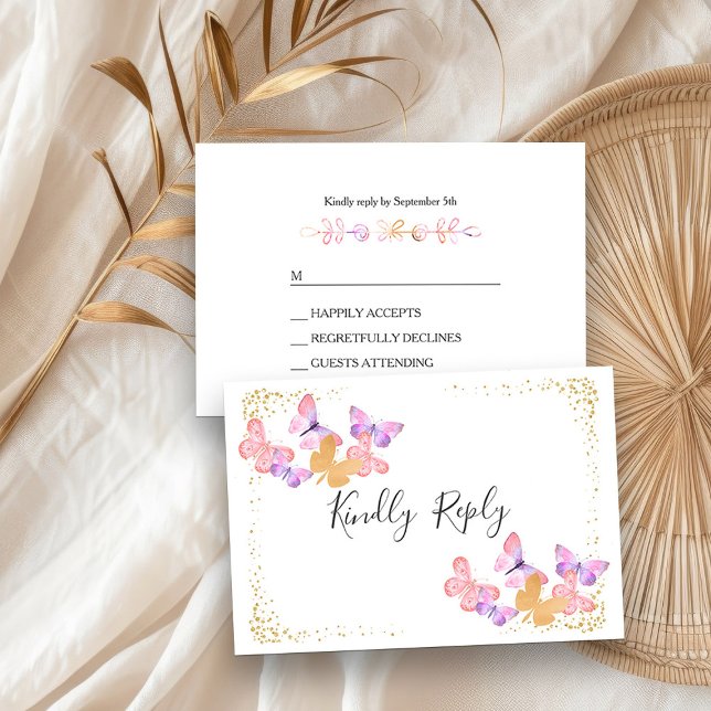 Butterfly Skies Coral Pink Gold Confetti RSVP Card (RSVP cards from my Butterfly Skies Quinceanera collection)
