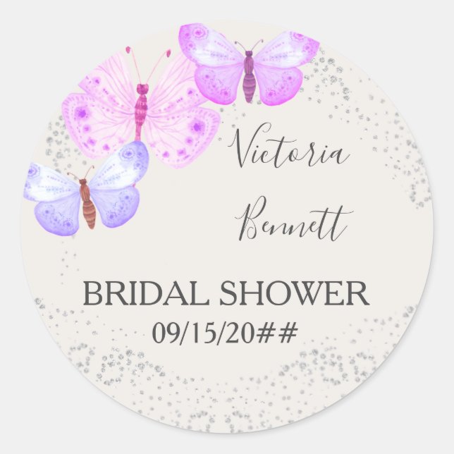 Butterfly Skies Pink Silver Confetti Favour Sticke Classic Round Sticker (Front)