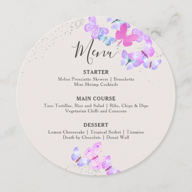Butterfly Skies Pink Silver Confetti Round Menu (Front)