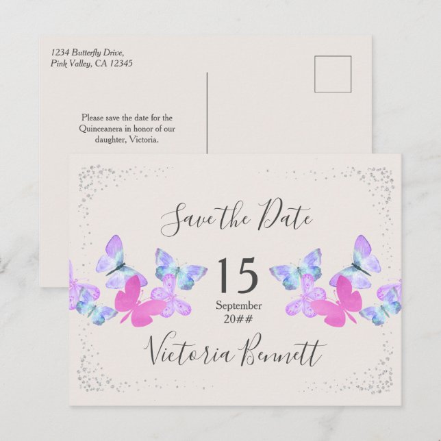 Butterfly Skies Pink Silver Confetti Save the Date Announcement Postcard (Front/Back)