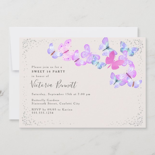 Butterfly Skies Pink Silver Confetti Sweet 16 Invitation (Front)