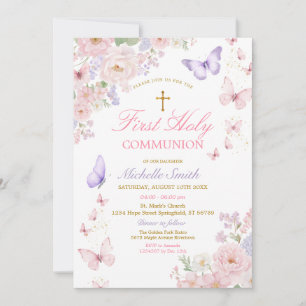 Butterfly Soft Floral First Holy Communion Invitation