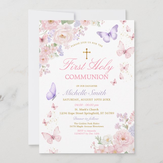 Butterfly Soft Floral First Holy Communion Invitation (Front)