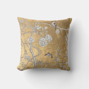 Butterfly & Sparrow Golden Oriental Garden Scene Cushion
