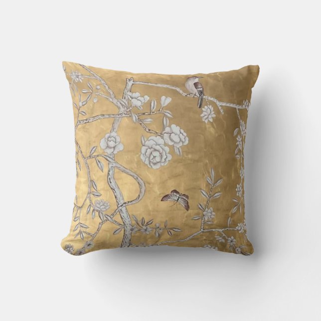 Butterfly & Sparrow Golden Oriental Garden Scene Cushion (Front)