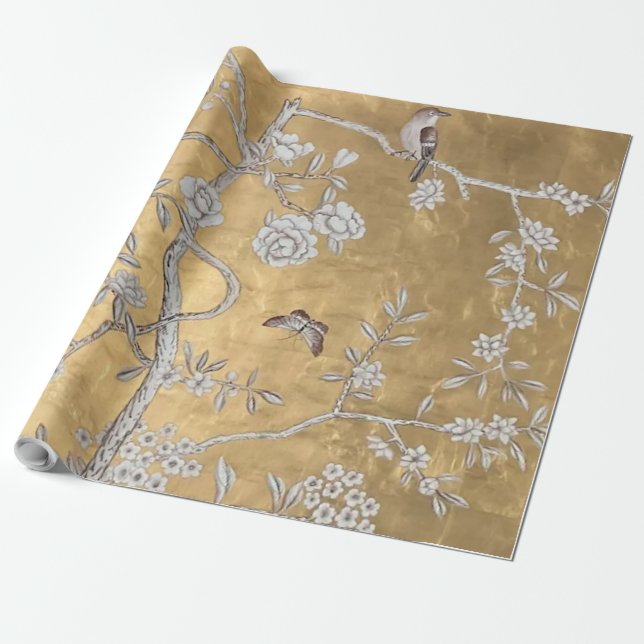 Butterfly & Sparrow Golden Oriental Garden Scene  Wrapping Paper (Unrolled)