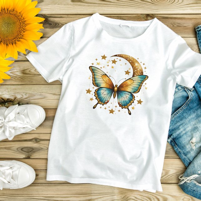 Butterfly Stars Celestial Black Gold Teal Boho T-Shirt (Butterfly Stars Moon Celestial Gold Blue Teal Boho Women's T-shirt. Gift for her)