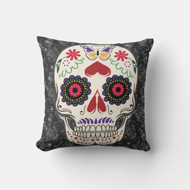 Butterfly Sugar Skull Day of the Dead Mexican Art Cushion (Front)