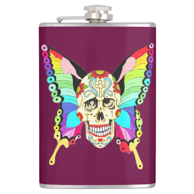 Butterfly Sugar Skull Hip Flask (Front)