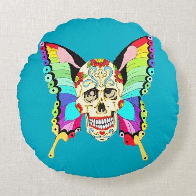 Butterfly Sugar Skull Round Cushion (Front)