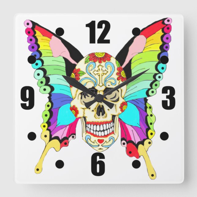 Butterfly Sugar Skull Square Wall Clock (Front)