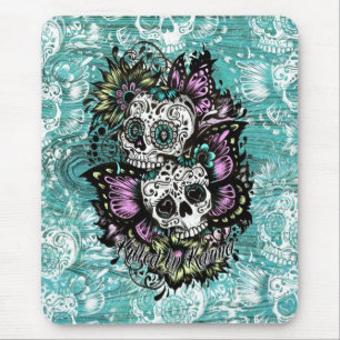 Butterfly sugar skulls illustration in blue. mouse pad