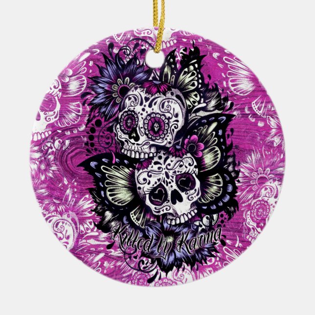 Butterfly sugar skulls on pink wood base. ceramic tree decoration (Front)