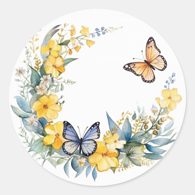 Butterfly Summer with Fancy Flowers Classic Round Sticker (Front)