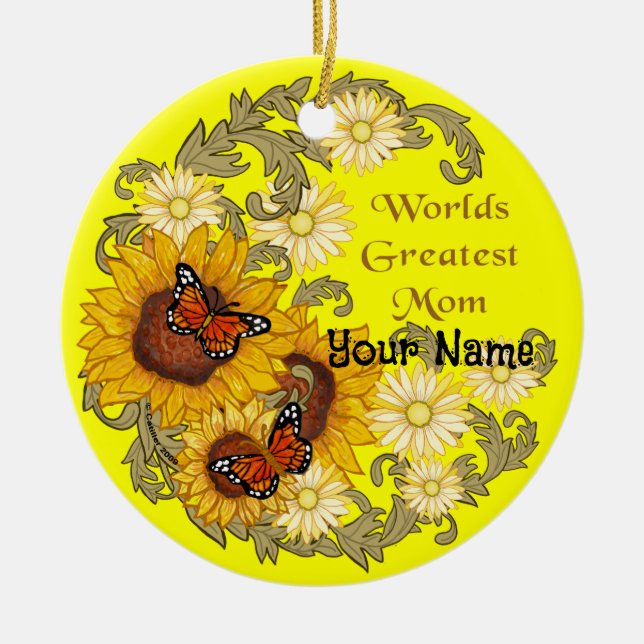 Butterfly Sunflower custom Mum  Ceramic Ornament (Front)