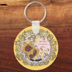 Butterfly Sunflower Mum custom name Key Ring