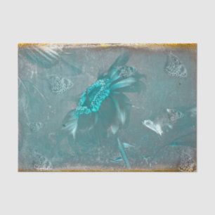 Butterfly Sunflower Teal Gold Vintage Antique Tissue Paper