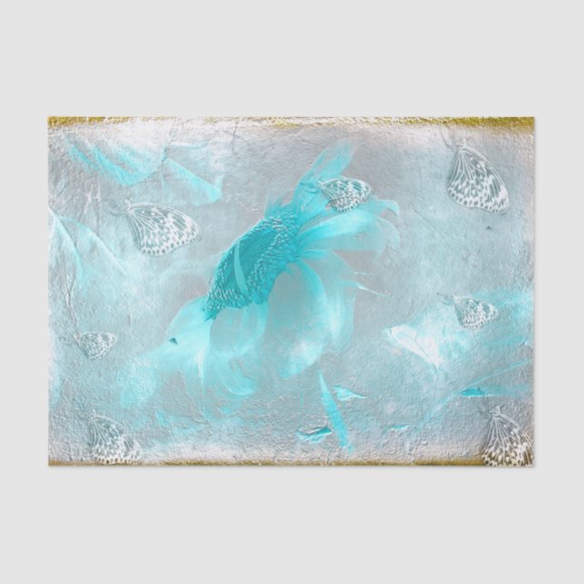 Butterfly Sunflower Teal Silver Vintage Antique Tissue Paper (Front)