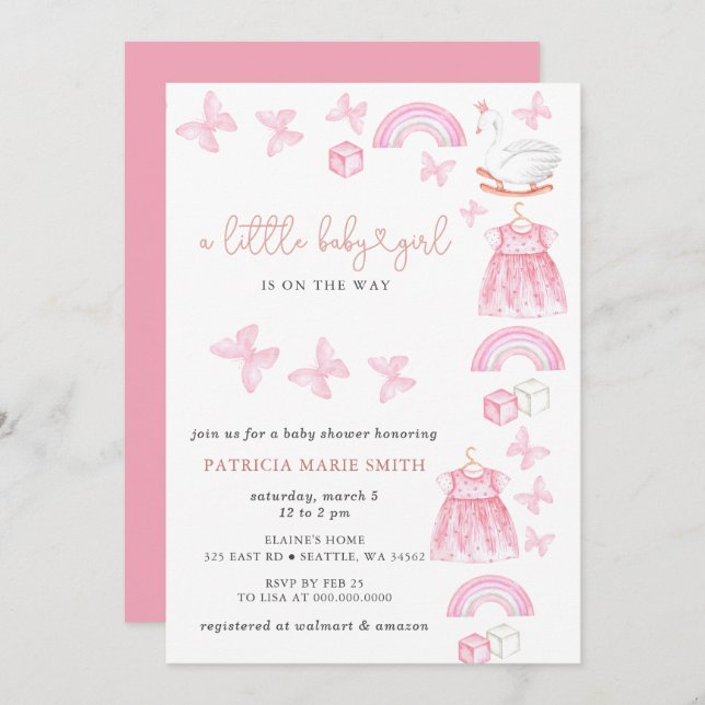 Butterfly Swan Princess Pink Girl Baby Shower Invitation (Front/Back)
