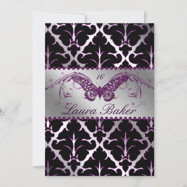 Butterfly Sweet 16 Invite Damask Purple Sparkle (Front)